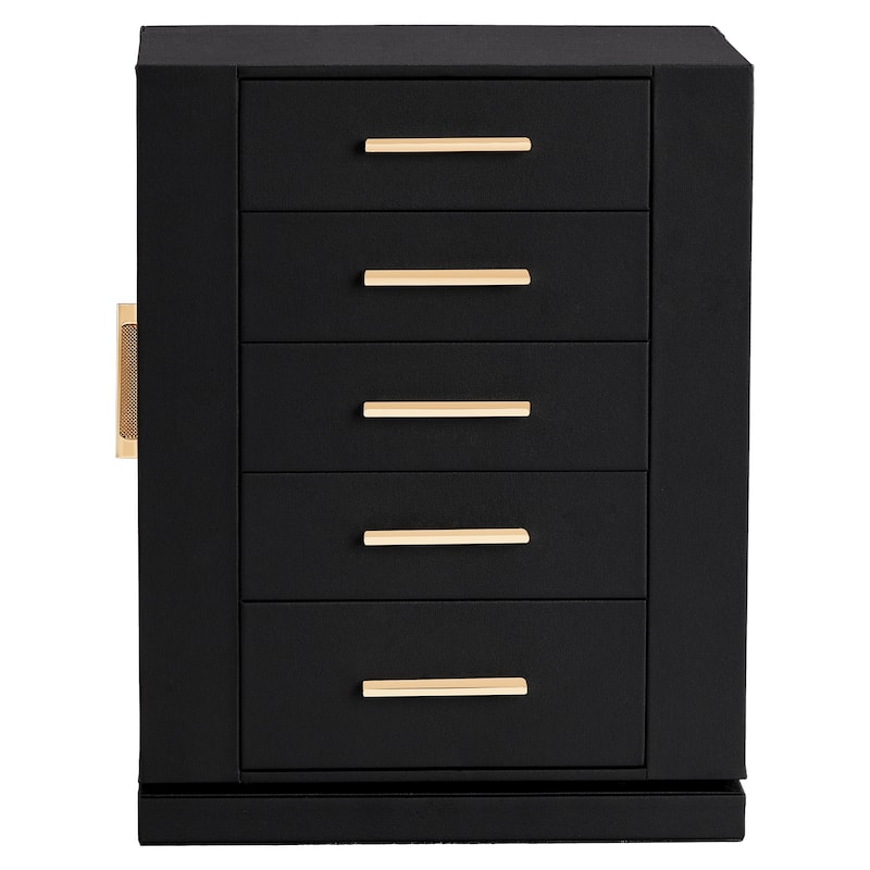 360° Rotating Jewelry Box with 5 Drawers - Black Cabinet & Pink Velvet Interior - Multi