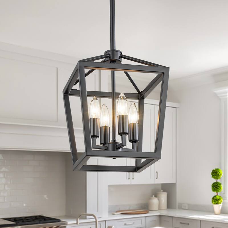 Starsky Mid-Century Modern Farmhouse 4 Light 14in Traditional Ceiling Light Geometric Lantern Chandelier