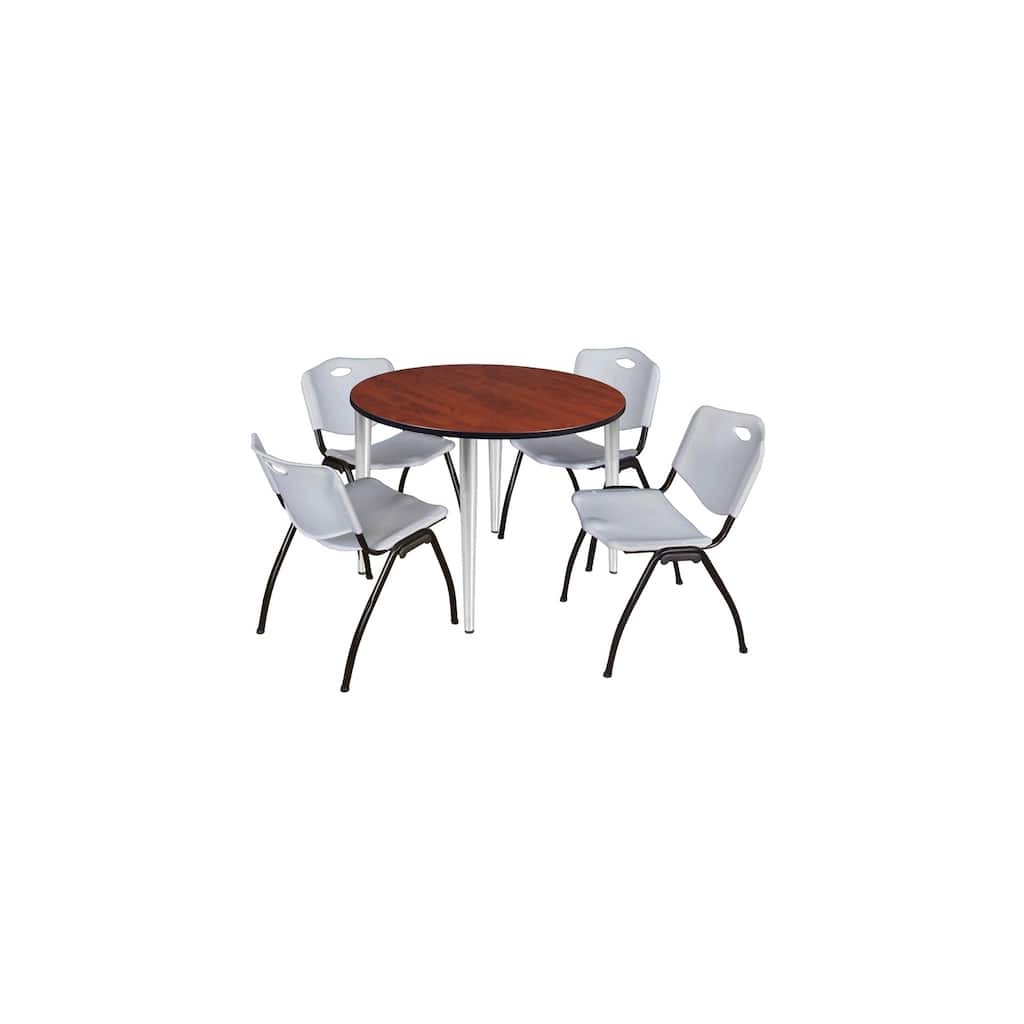 48 in. Round Breakroom Table- Cherry Top, Chrome Base & 4 M Stack Chairs- Grey
