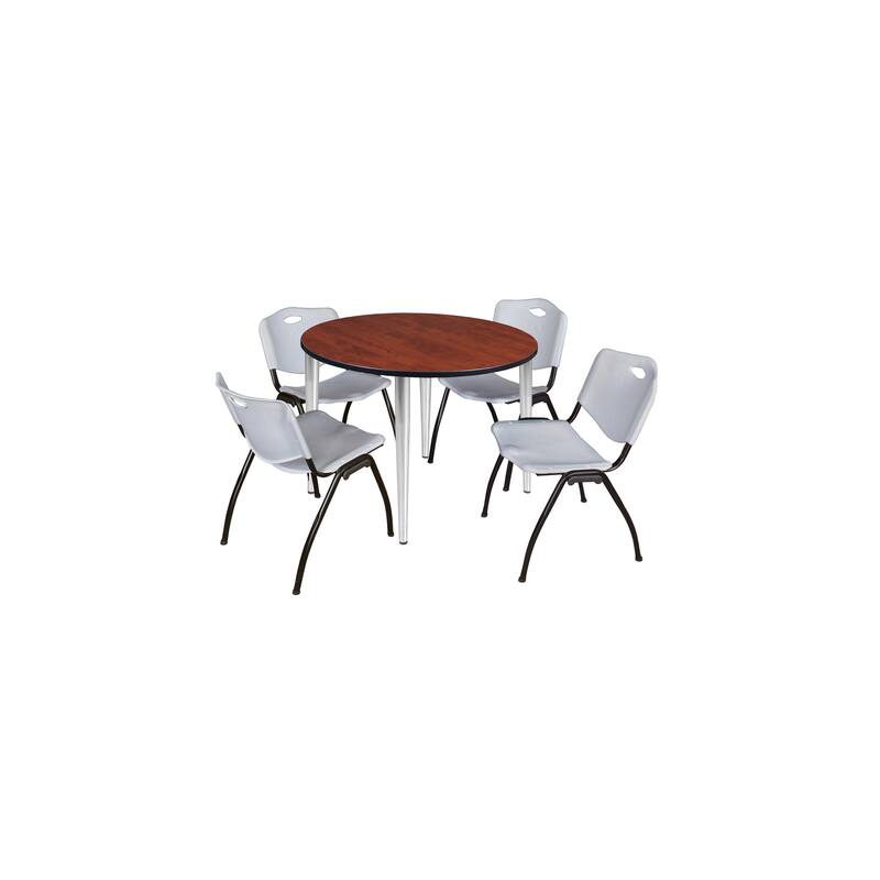 48 in. Round Breakroom Table- Cherry Top, Chrome Base & 4 M Stack Chairs- Grey