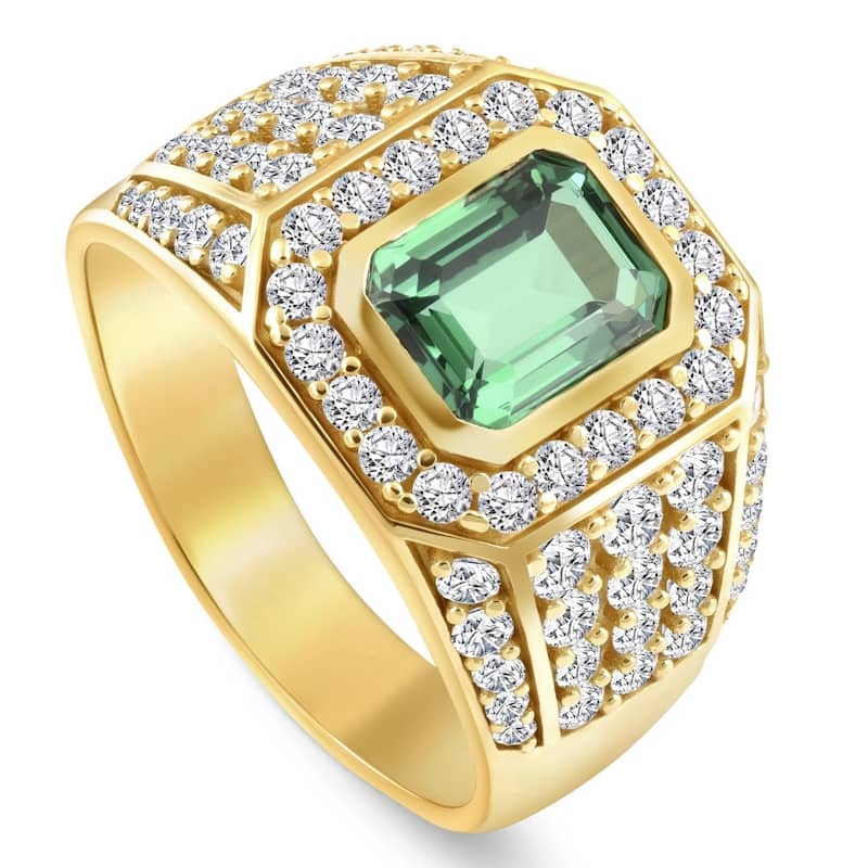 4 1/2Ct Emerald & Diamond Men's Ring Yellow Gold Lab Grown