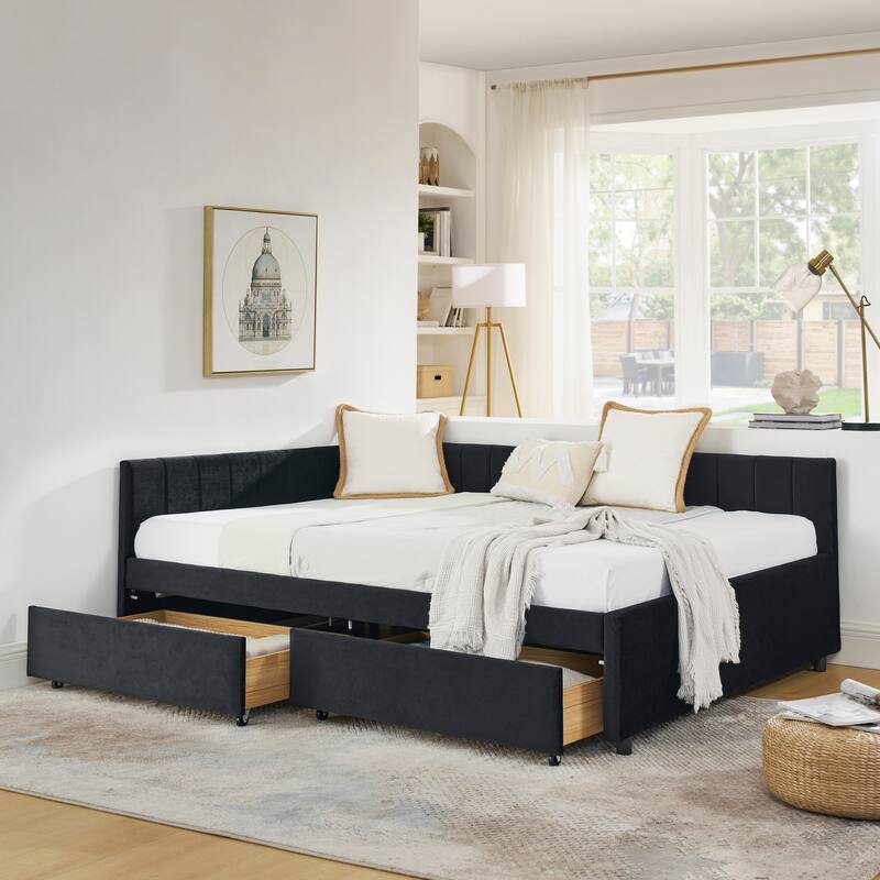 Roomfitters Full Velvet Daybed with Two Storage Drawers, Upholstered Sofa Bed Frame with Backrest and Armrests