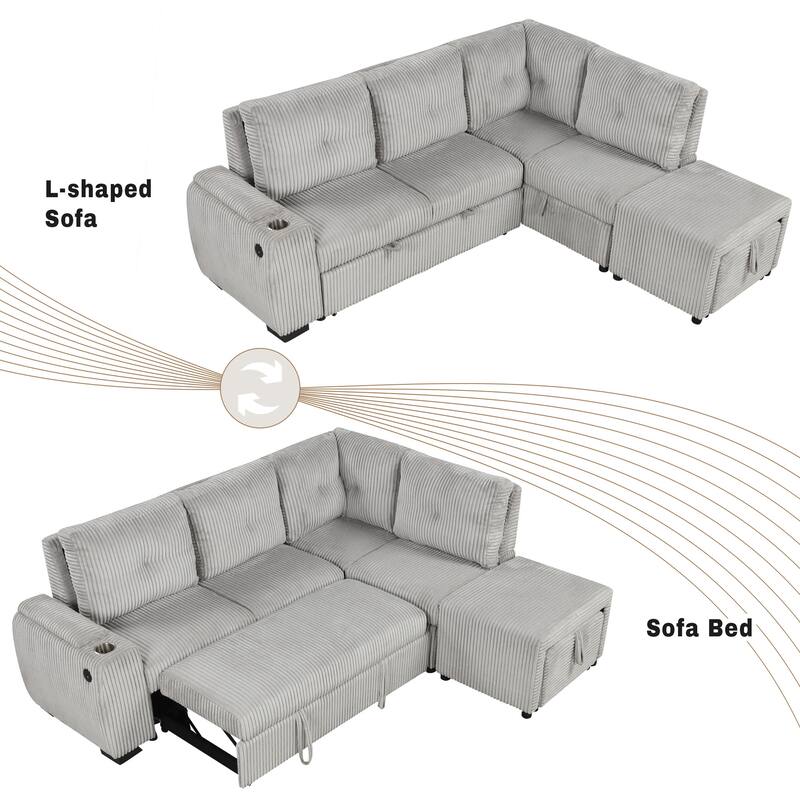94" Convertible L-shaped Sectional Sofa with Pull-out Bed, Movable Ottoman and Stool, Storage, Cup Holder, and USB Ports