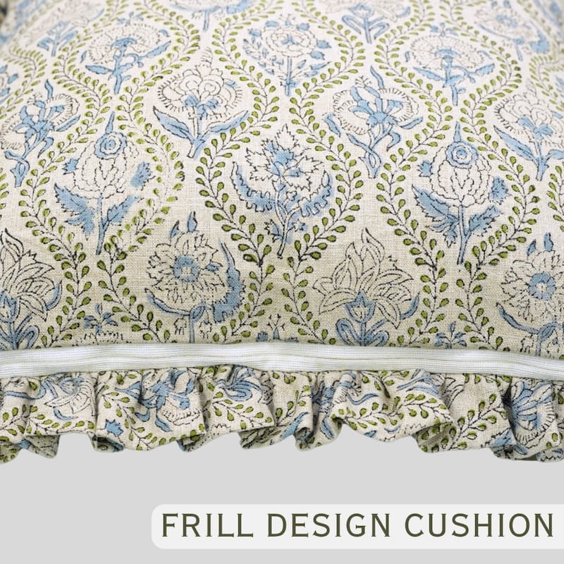 Fabdivine Handmade Block Print Floral Frill Both Side Soft Boho Pure Linen Pillow Cover