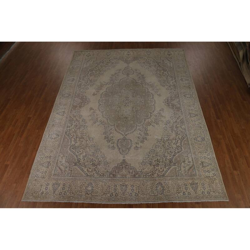 Tabriz Persian Vintage Rug Handmade Oriental Beige Wool Carpet - 9'6" x 12'10"