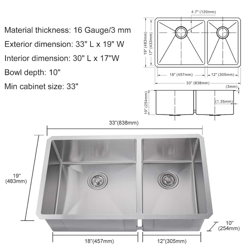 WOWOW 33" Drop-In Dual Bowl 16-Gauge Kitchen Sink