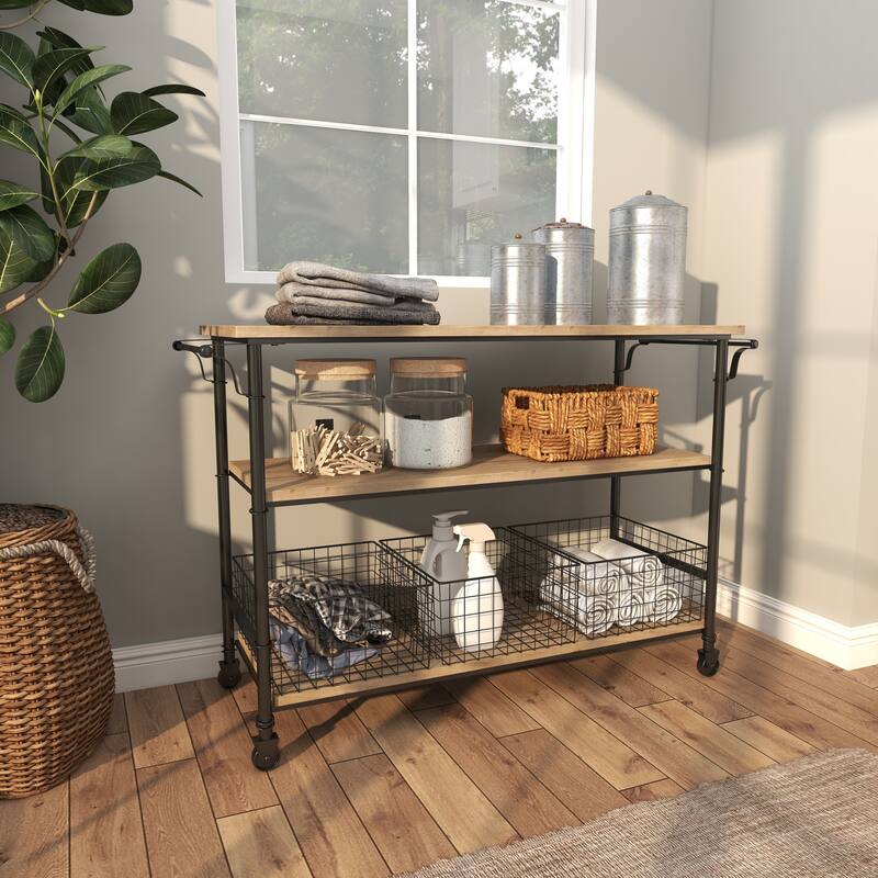 Wood Rolling Cart 3 Drawers and 1 Shelf Storage Unit with Black Wire Baskets - Brown - Roche River Decor