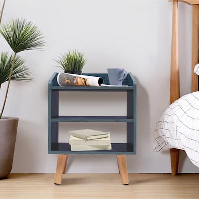 Blue Nightstand 3 Tiers End Side Table Storage Cabinet With Shelf