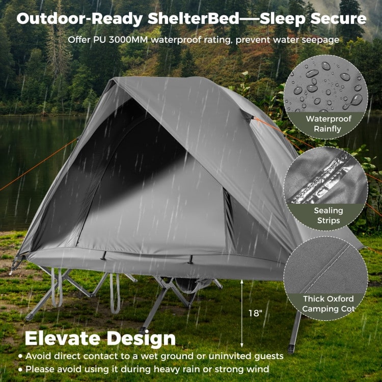 Grey Oxford Cloth Metal Elevated Camping Cot Tent for 2 Persons with Wheeled Bag - 77" x 71" x 59"