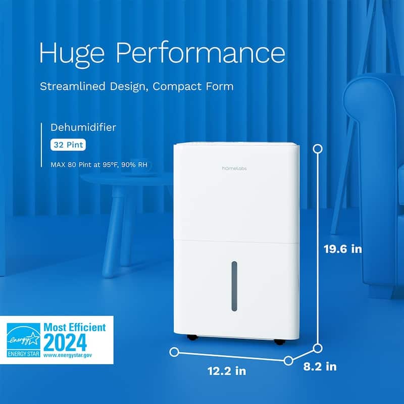 hOmeLabs 32 Pint Wi-Fi Dehumidifier for up to 4,500 Sq Ft Rooms (MAX 80 Pint at 95°F, 90% RH) - Moisture Removal, Auto Shut-Off