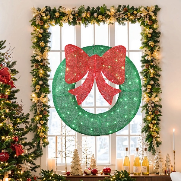 3Ft Round Lighted Green Wreath with Red Bow Outdoor Holiday Decoration 36 H x 35.4 W x 6.7 D On Sale Bed Bath Beyond 41046265