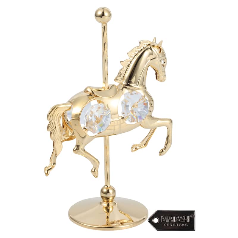 Matashi Home Decorative Tabletop Showpiece 24K Gold Plated Crystal Studded Carousel Horse Ornament