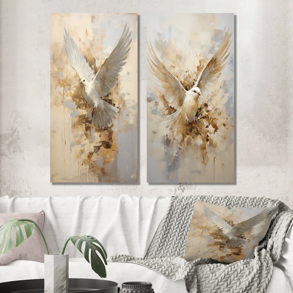 Designart "Minimalism Beige And Gold Dove" Dove Canvas Set Of 2 - Animals Wall Art Set - beige Wall Decor 2 Pieces
