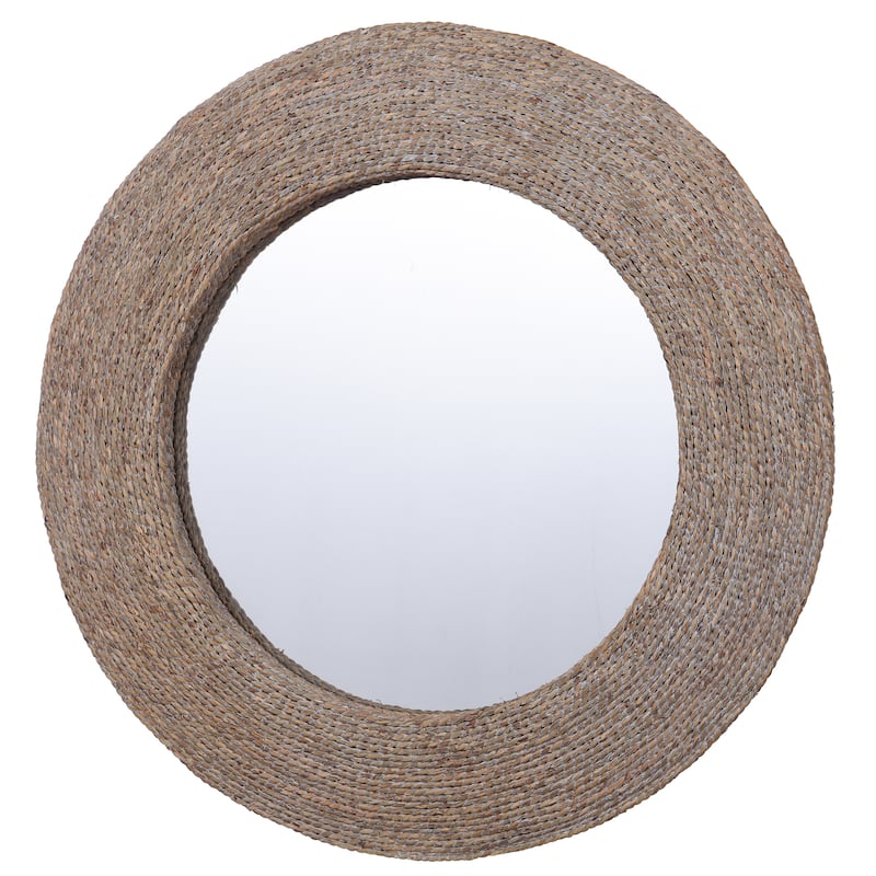 Harper - Whitewashed Round Wall Mirror with Rope Detail - Whitewash, Natural