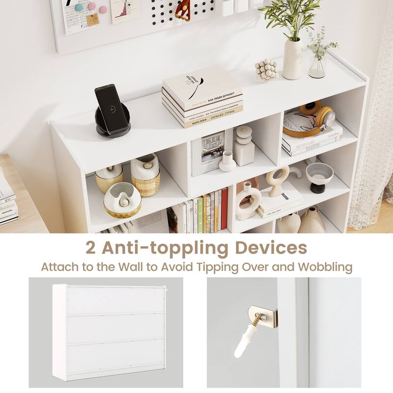 Freestanding 3-Tier Bookcase with 8 Open Cubes and Sturdy Screw Construction and Floor Protection