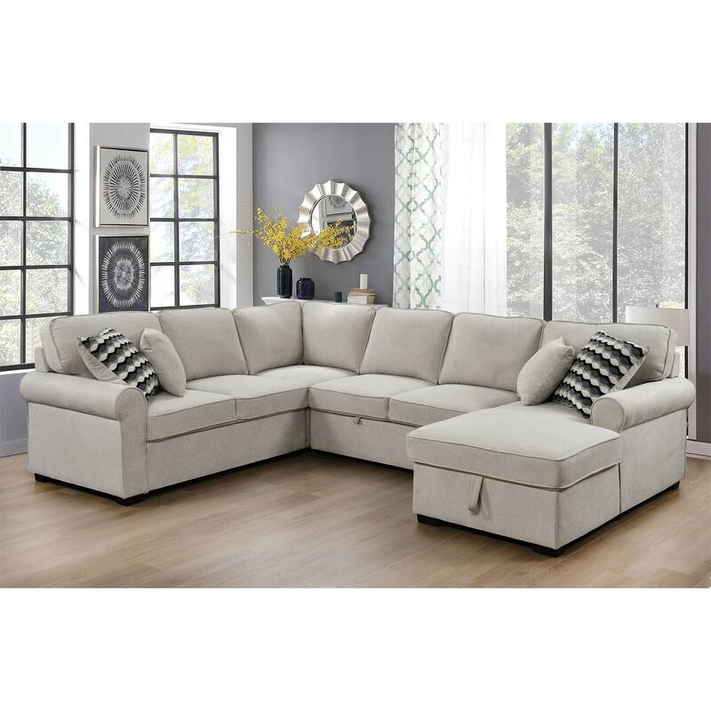 Removable Cushions Sectional Sofa with Storage Chaise and 4 Pillows