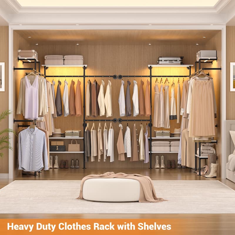 87"W Industrial Pipe Clothing Racks with LED Lights & Open Shelves,Reversible Walk-in Closet Oraganizer System Garment Racks