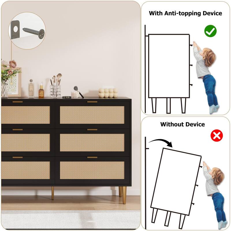 6 Drawers Tall Rattan Dresser, with Metal Legs and Handles