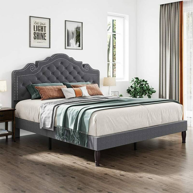 Full Bed Frame with Diamond Button Adjustable Headboard, Dark Grey