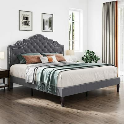 Full Bed Frame with Diamond Button Adjustable Headboard, Dark Grey