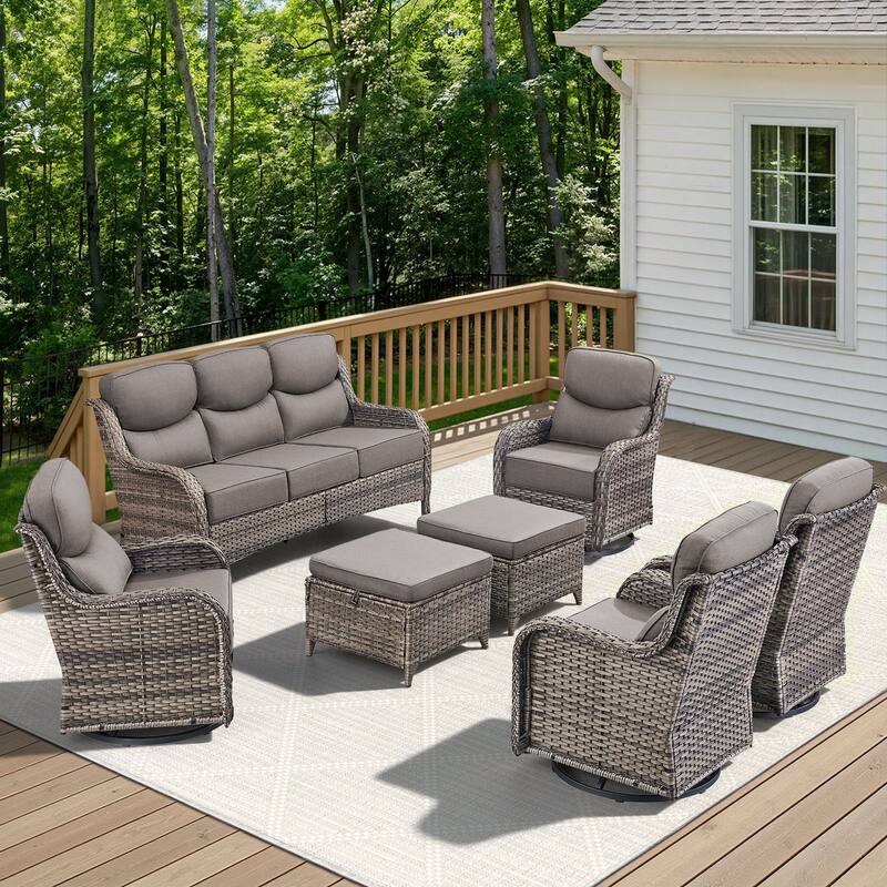 Arcadia 7-Piece Wicker Patio Conversation Set with Swivel Gliders and 6-Inch Thick Olefin Cushions