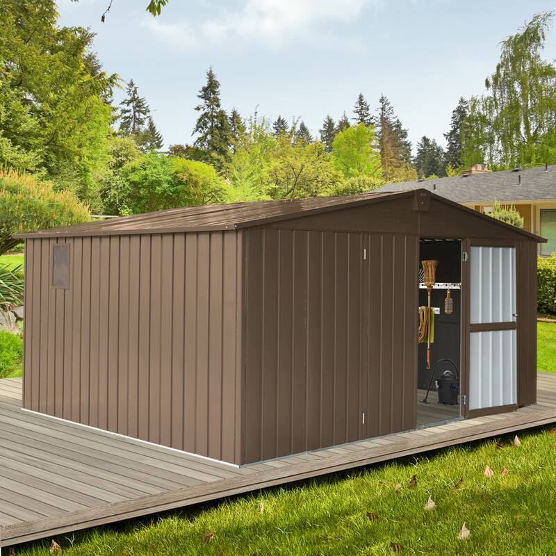 Large Rustproof Metal Garden Shed Storage Shed Tool Shed with Double Lockable Doors, Waterproof Pet Shed - Brown