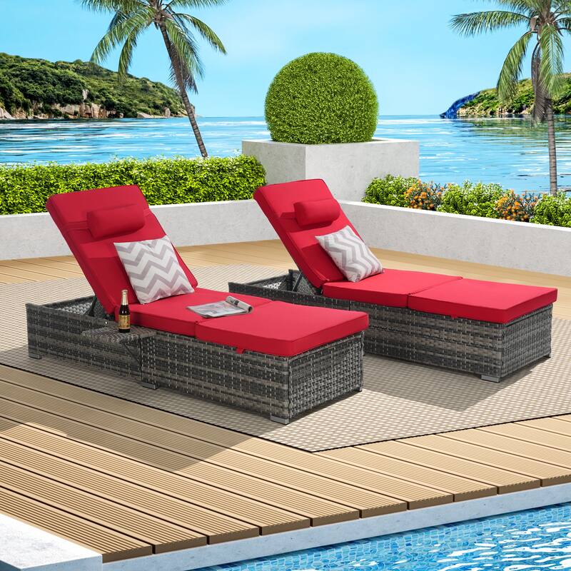 Outdoor 5 Adjustable Chaise Lounge Set with Side Table and Pool Lounge Chairs - Red
