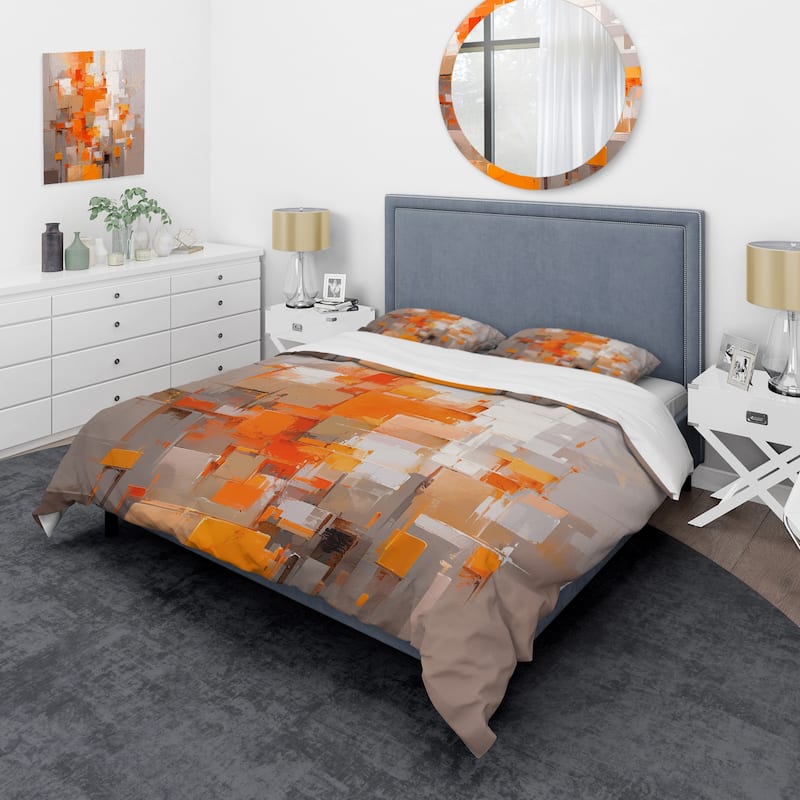 Designart "Orange Brown Shattered Realities" Orange Modern - Bedding Cover Set With Shams