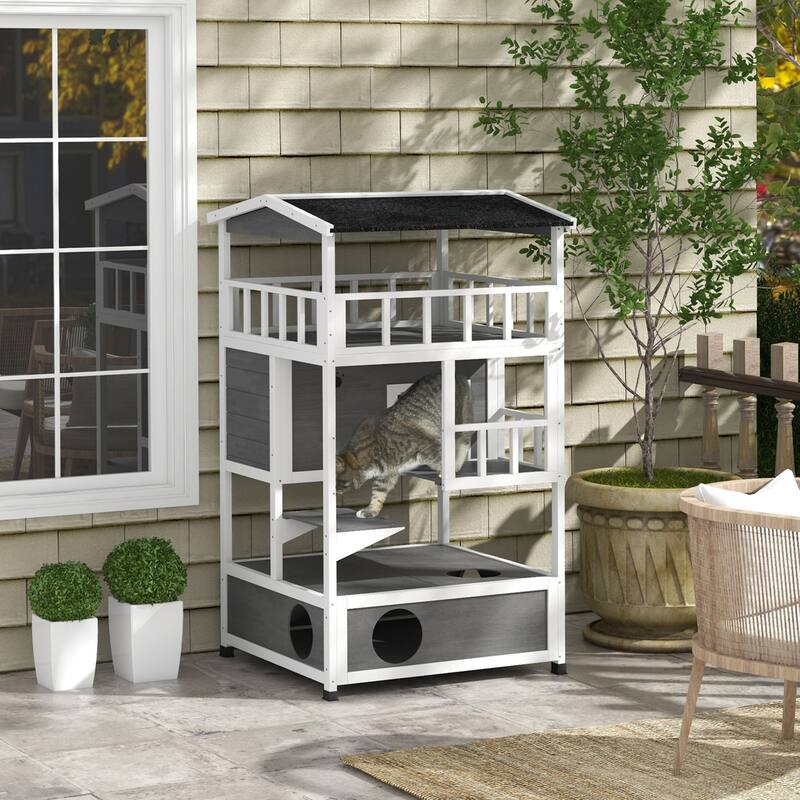 PawHut Wooden Outdoor Cat House, Feral Cat Shelter Kitten Condo with Asphalt Roof - Light Gray