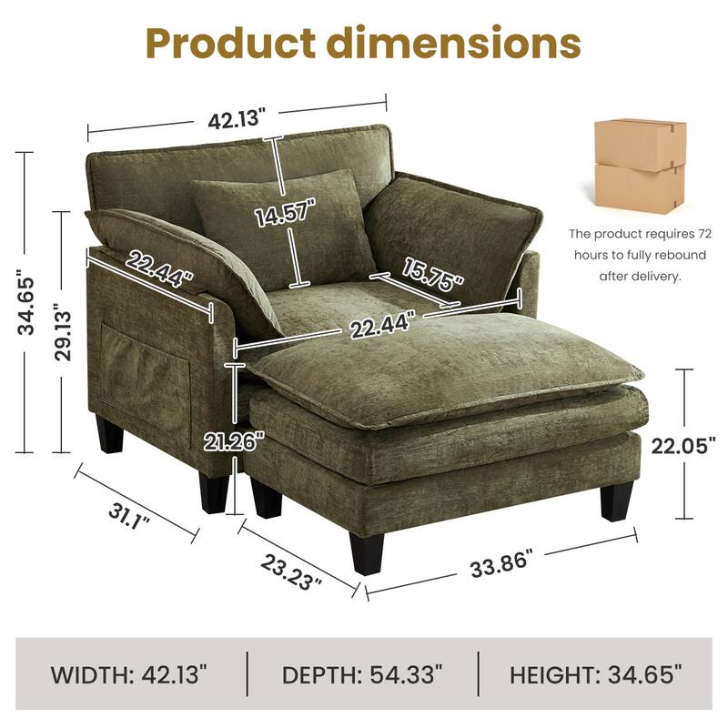 Oversized Single Sofa Chair with Ottoman, Double-Layer Seat Cushion, Chenille Fabric Lounge Chair, Living Room Reading Chair