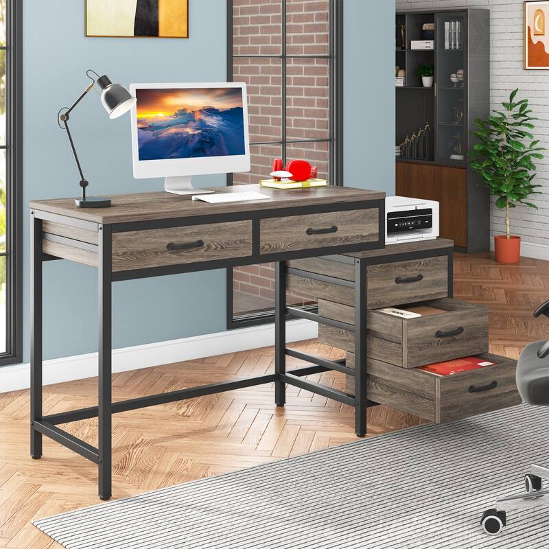 Modern Computer Desk with 5 Drawers, Home Office Desks with Reversible Drawer Cabinet Printer Stand