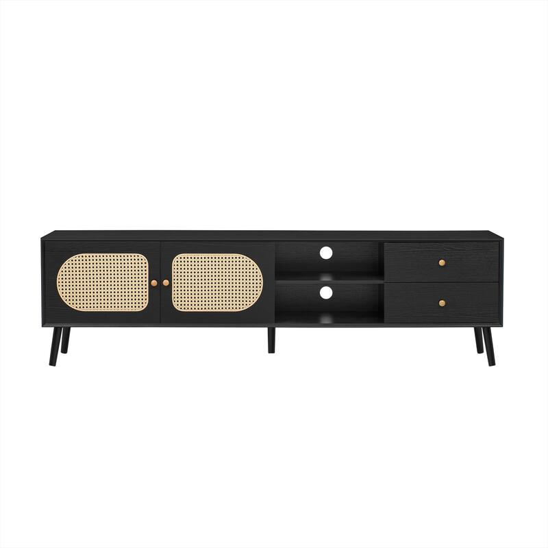 70" Black TV Stand with Drawers & Open Shelves, Rattan Doors Television Cabinet Entertainment Center for TVs up to 80 Inches