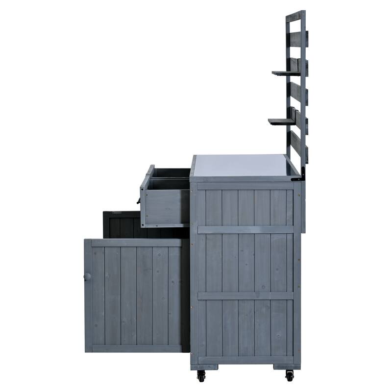 Solid Wood 64.9''Tall Outdoor Kitchen Island Kitchen Cart, Garden Potting Bench with Stainless Table Top for BBQ