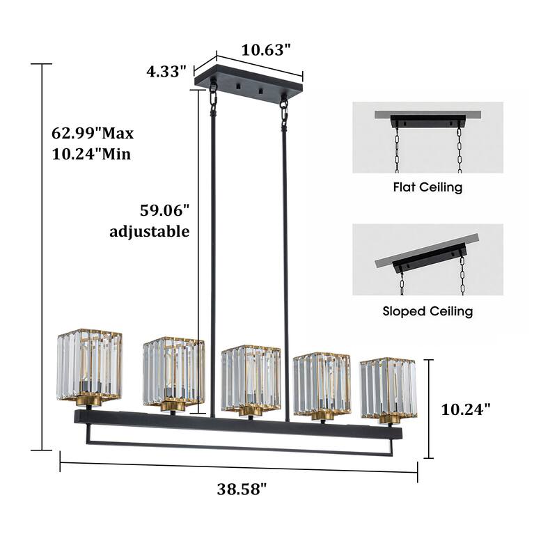 5-Light Modern Linear Crystal Chandelier kitchen island Pendant Lighting for Dining Room
