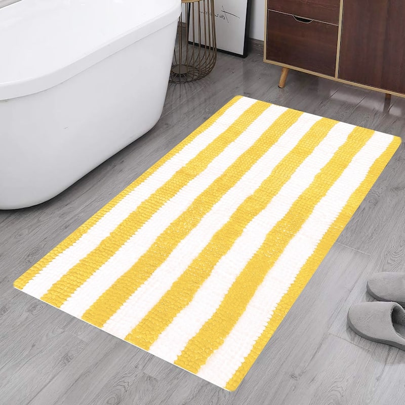 23"x15" - Yellow White Stripe Soft Cozy Plush Chenille Bath Mat Bathroom Rug - 23" x 15" - Yellow & White