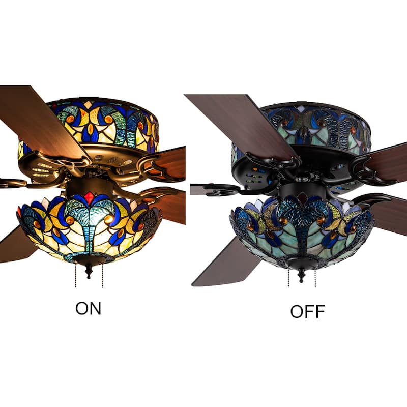 Gracewood Hollow Lemsine Blue Stained Glass Tiffany-style Ceiling Fan - 52"L x 52"W x 19"H - 52"L x 52"W x 19"H