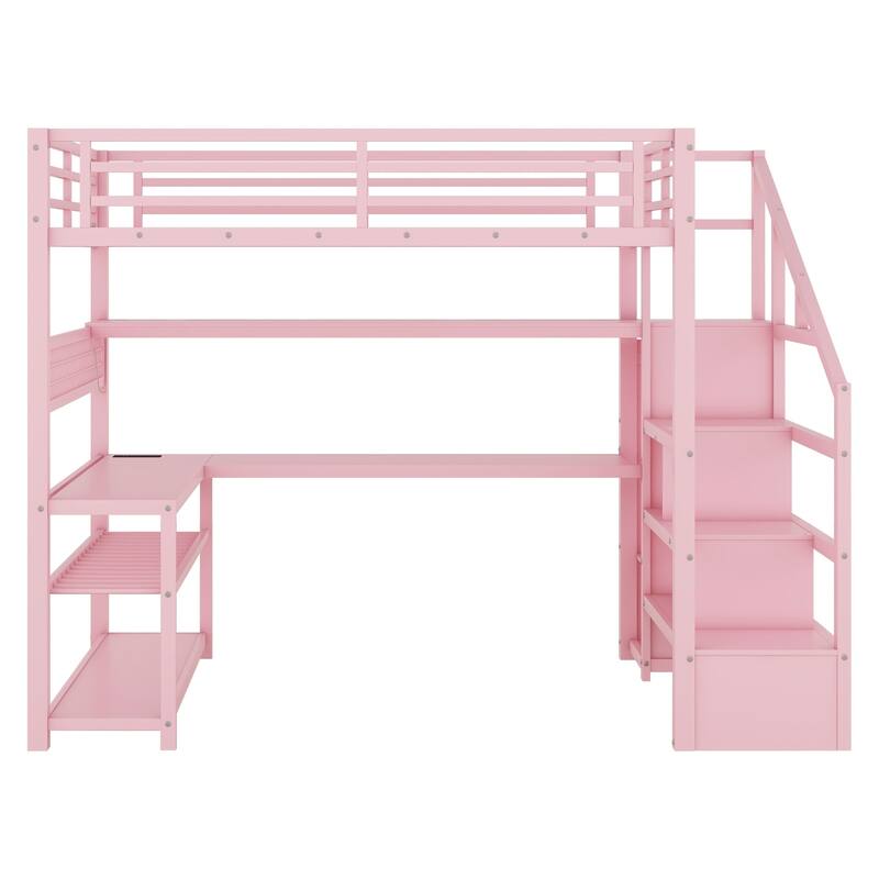 Full Size Metal Loft Bed with Staircase, Wardrobe, Desk, Storage Shelves, LED Lights, and Charge Station, Pink