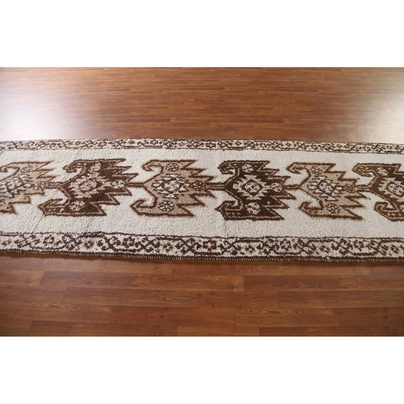 Tribal Anatolian Turkish Runner Rug Handmade Beige Wool Carpet - 3'6"x 11'9"