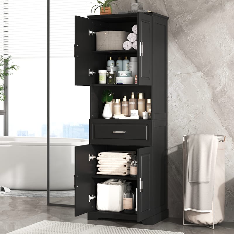 GDFStudio - Oliver Tall Bathroom Cabinet with Four Doors, Open Shelf, and Adjustable Storag