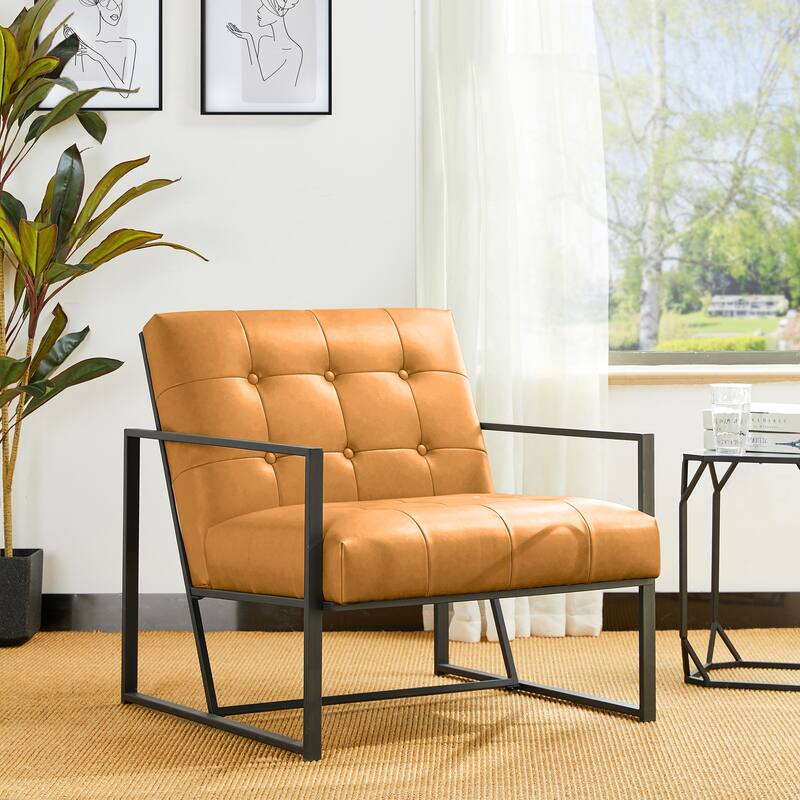 Glitzhome 29.50"W Mid-Century PU Leather Tufted Accent Chair - 29.5"W x 30.5"H x 29.25"D - Orange