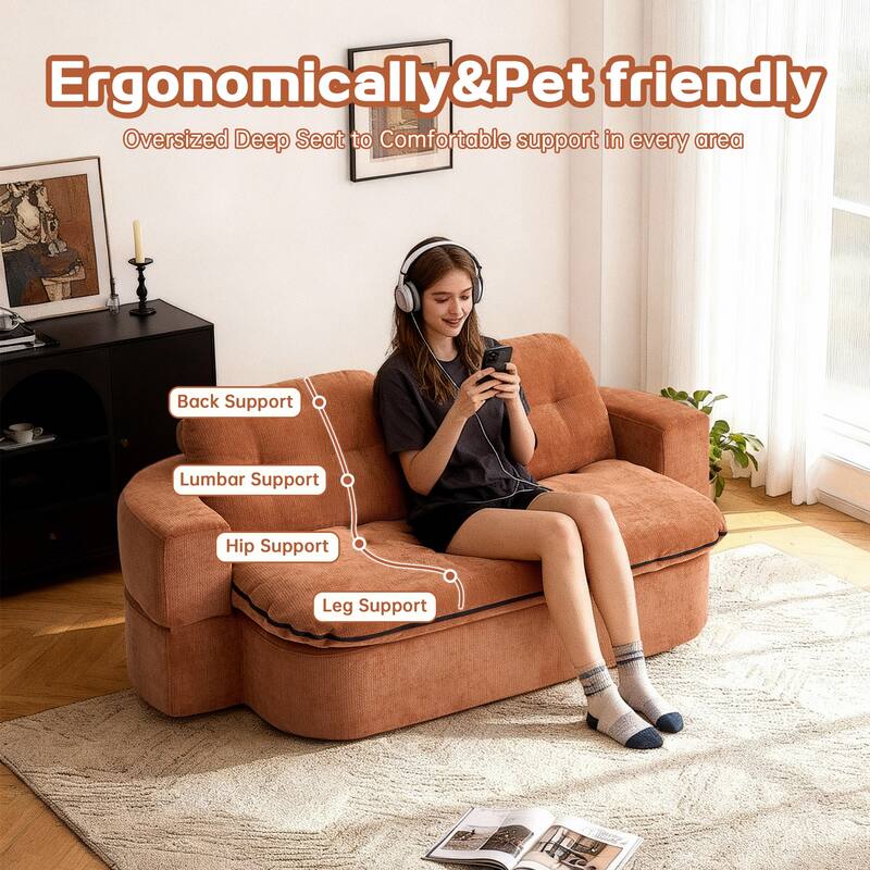 Modern 2-Seater Sofa 2-in-1 Sleeper Sofa Bed with Convertible Sofa Cushion Unfolds Into Quilt, for Living Room, Caramel