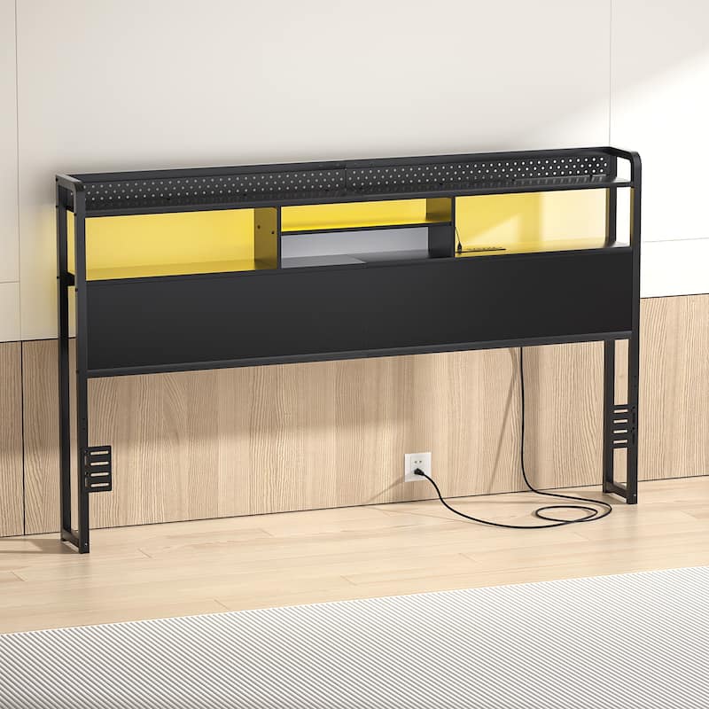 Bed Headboard with Storage Shelf and Charge Station, Height Adjustable Headboard with LED Light - Black - King