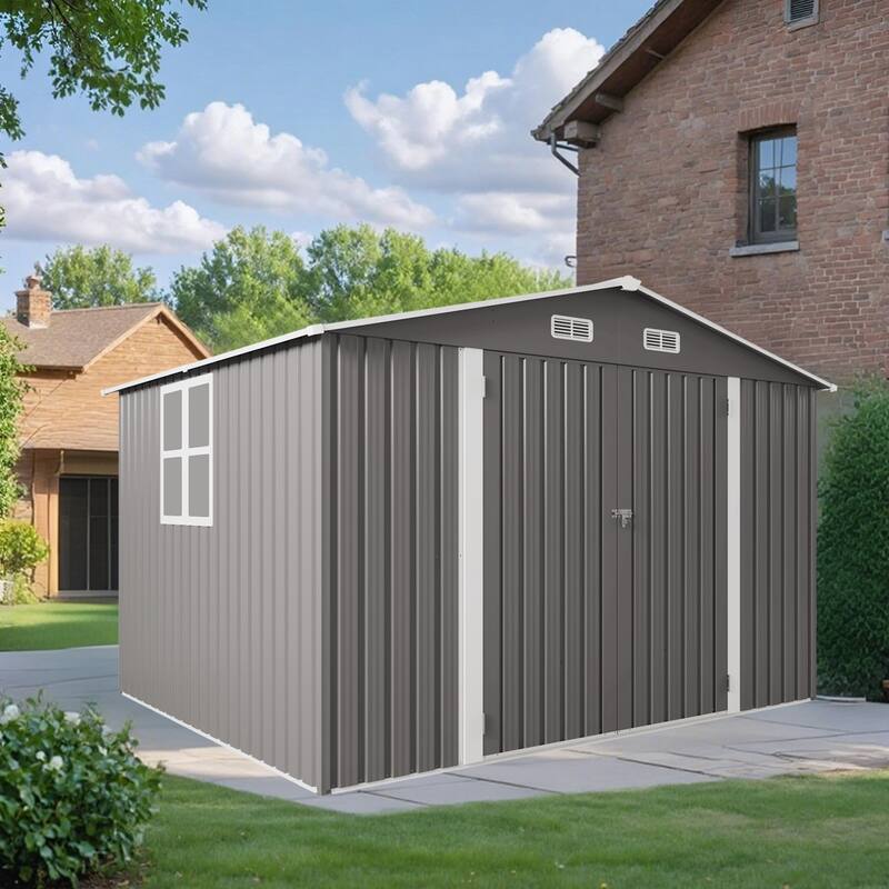 10 x 8 FT Outdoor Storage Shed, Large Metal Storage Shed, Lockable Door and Air Vent, Clear Window Garden Tool Shed - Grey