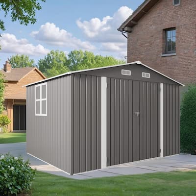 10 x 8 FT Outdoor Storage Shed, Large Metal Storage Shed, Lockable Door and Air Vent, Clear Window Garden Tool Shed