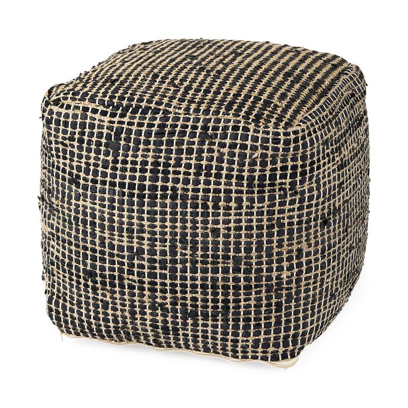 Mercana "Aalia" Beige Leather & Jute Square Pouf - Grey