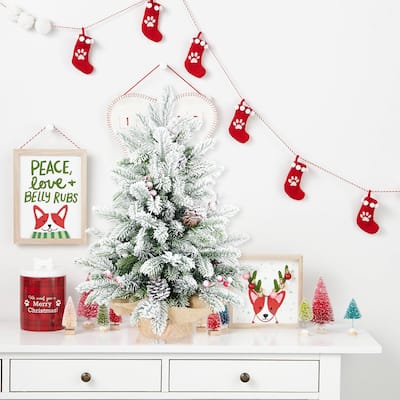 3FT Flocked Tabletop Christmas Tree with 355 Tips, Snowy PE/PVC Branches, 14 Pine Cones & 14 Red Berries, Burlap Cement Base