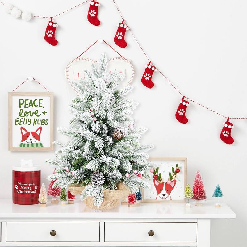 3FT Flocked Tabletop Christmas Tree with 355 Tips, Snowy PE/PVC Branches, 14 Pine Cones & 14 Red Berries - White+Green