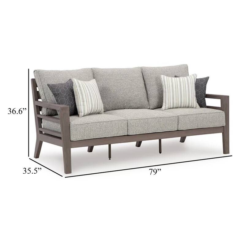 Karo Outdoor Sofa, 4 Accent Pillows, 79 Inch Brown Frame, Gray Nuvella