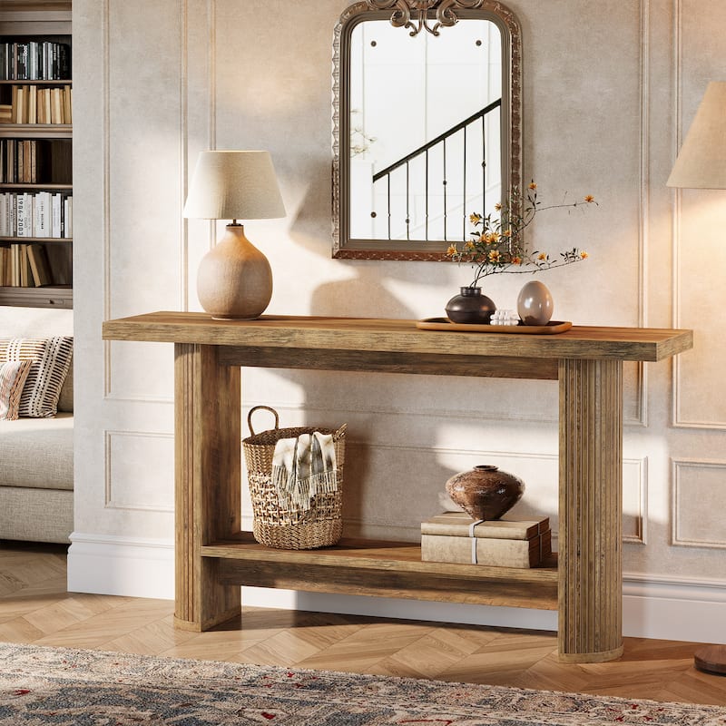 55" Industrial Brown Console Table 2-tier Sofa Table for Entryway