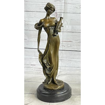 Girl Holding Vase Bronze Statue Sculpture Figure Marble Base French Art 13 Inches X 5 Inches